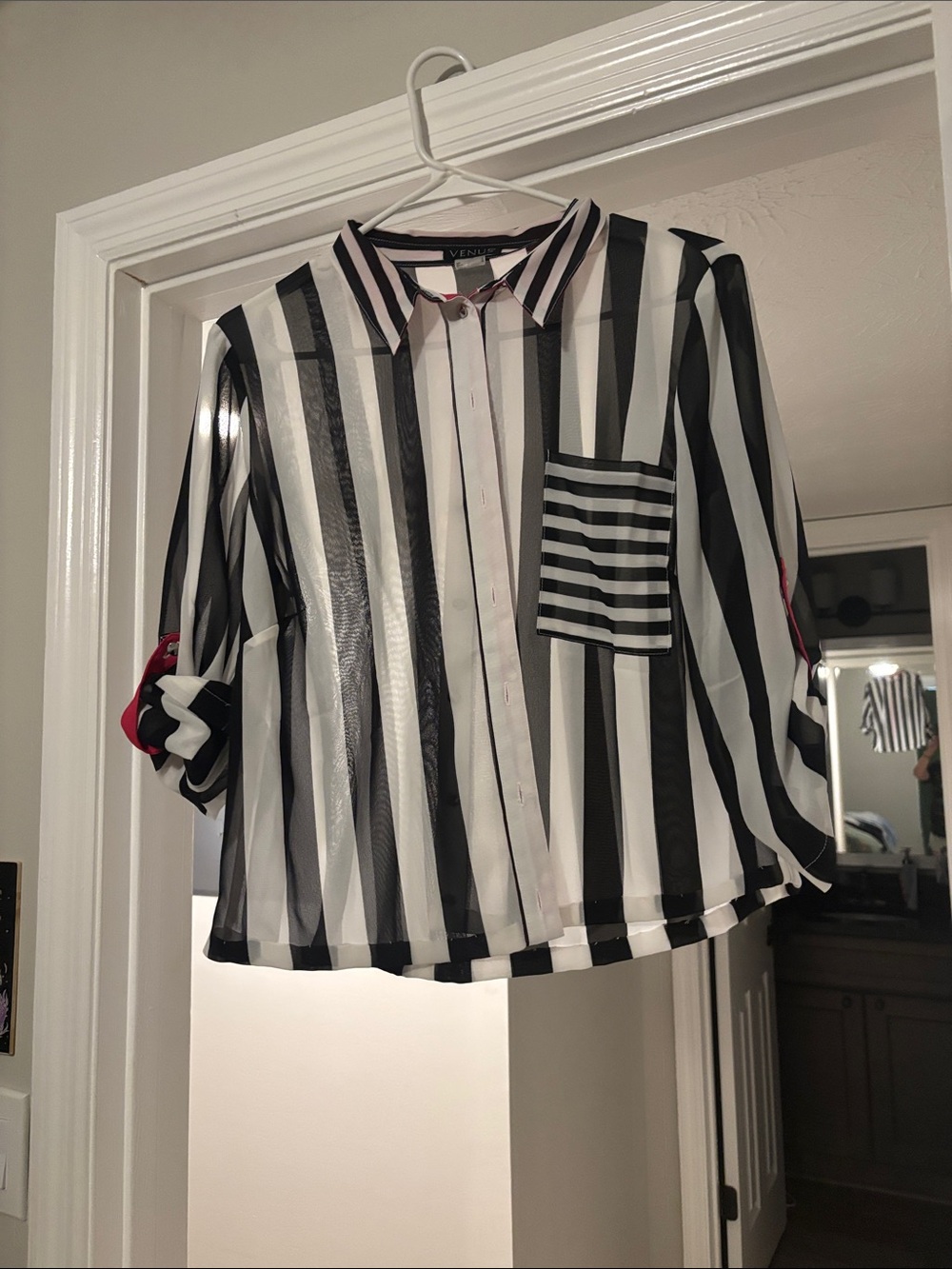 VENUS Black and White Vertical Stripe Sheer Button-Down Top